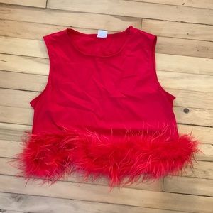 Red crop tank with fur trim